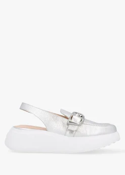Acalia Silver Leather Chunky Low Wedge Sling Backs