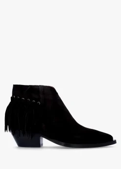 Ajax Black Suede Fringed Western Stacked Heel Ankle Boots