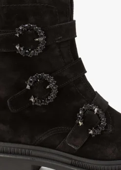 Akita Black Suede Jeweled Biker Boots