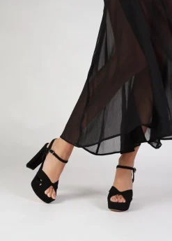 Aknot Black Suede Platform Heeled Sandals