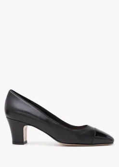Akuna Black Leather Block Heel Court Shoes
