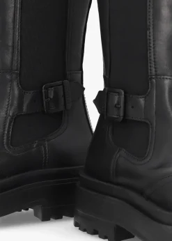 Alicia Black Leather Knee High Chelsea Boots