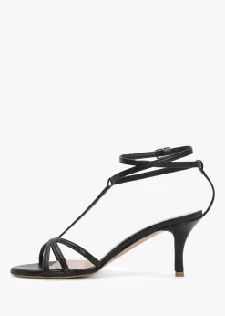 Alina Black Leather Strappy Kitten Heel Sandals