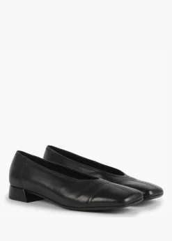 Angled Black Leather Square Toe Pumps