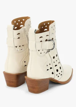 Apia Cream Leather Perforated Western Ankle Boots