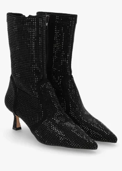 April Black Crystal Embellished Kitten Heel Ankle Boots