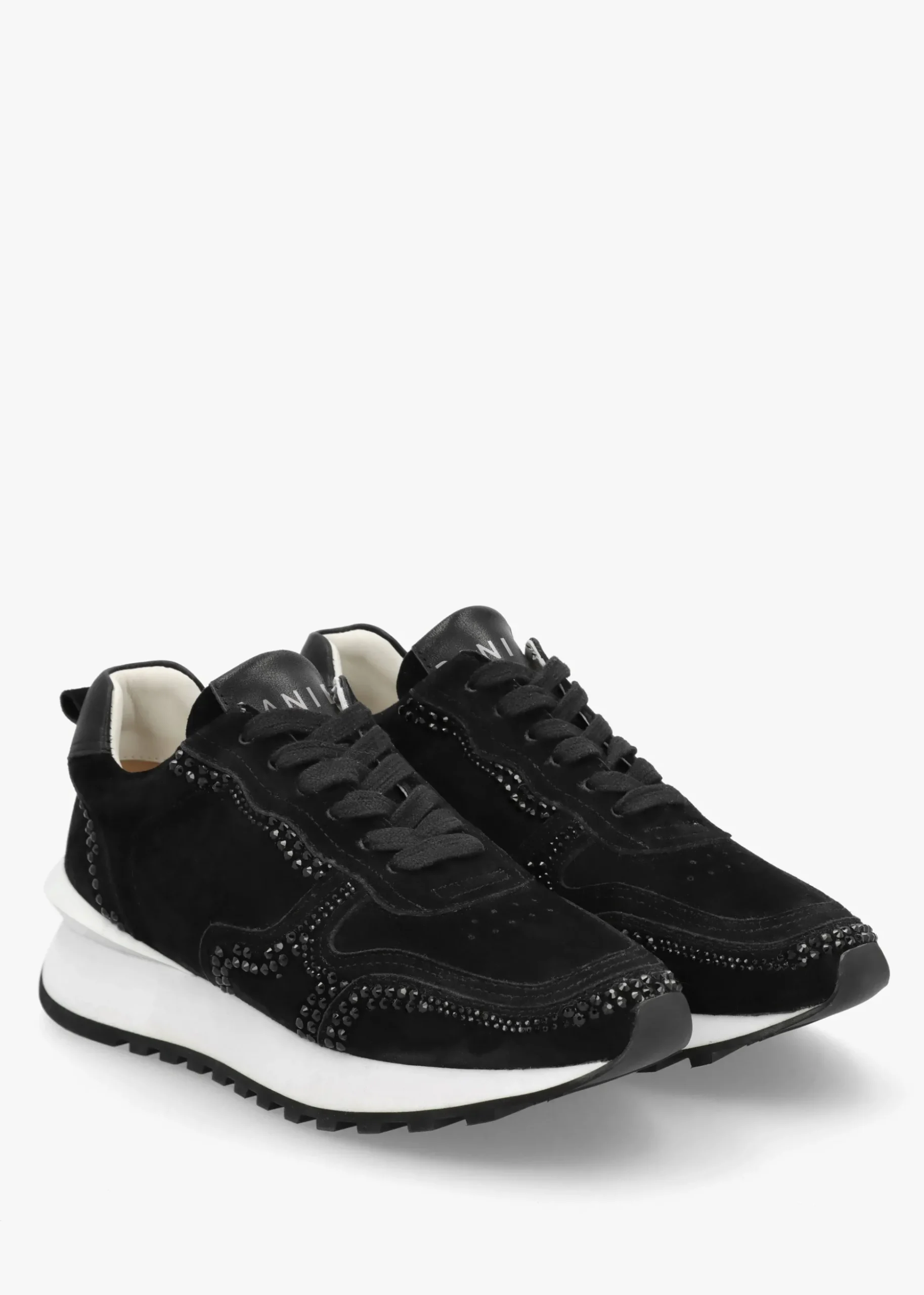 Arabella Black Suede Crystal Embellished Trainers