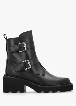 Arose Black Leather Double Buckle Ankle Boots