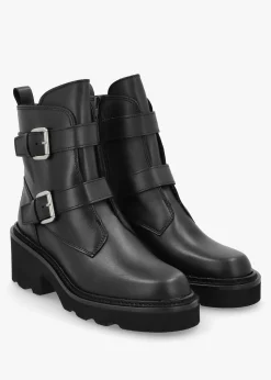 Arose Black Leather Double Buckle Ankle Boots