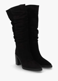 Astrid Black Suede Rouched Block Heel Knee Boots