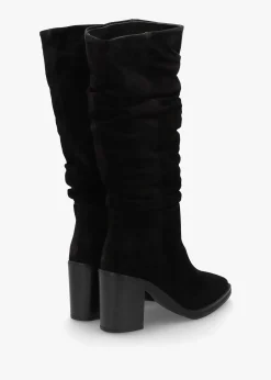 Astrid Black Suede Rouched Block Heel Knee Boots