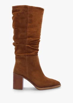 Astrid Tan Suede Rouched Block Heel Knee Boots