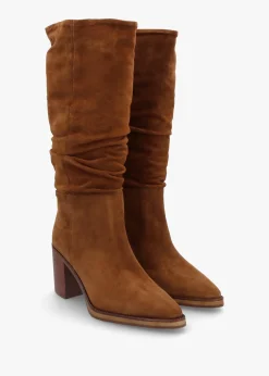 Astrid Tan Suede Rouched Block Heel Knee Boots