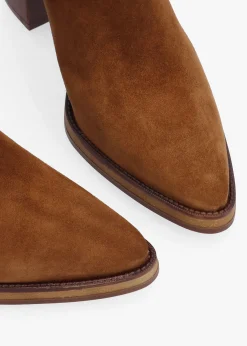 Astrid Tan Suede Rouched Block Heel Knee Boots