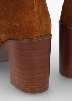 Astrid Tan Suede Rouched Block Heel Knee Boots