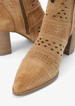 Austie Tan Suede Perforated Block Heel Ankle Boots