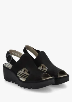 Baif Black Nubuck Leather Mid Wedge Sandals
