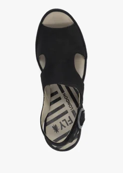 Baif Black Nubuck Leather Mid Wedge Sandals