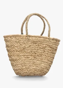 Beige & Blue Woven Straw Basket Shopper Bag