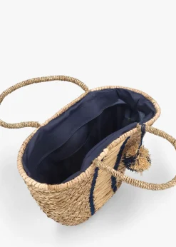 Beige & Blue Woven Straw Basket Shopper Bag