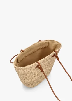 Beige & Tan Woven Straw Bucket Shopper Bag