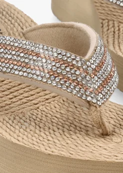 Beige Diamante Toe Post Wedge Flip Flops
