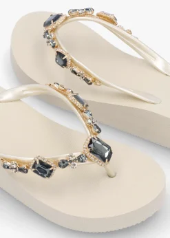 Beige Embellished Toe Post Wedge Flip Flops