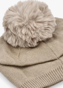 Beige Slouchy Knitted Pom Pom Hat