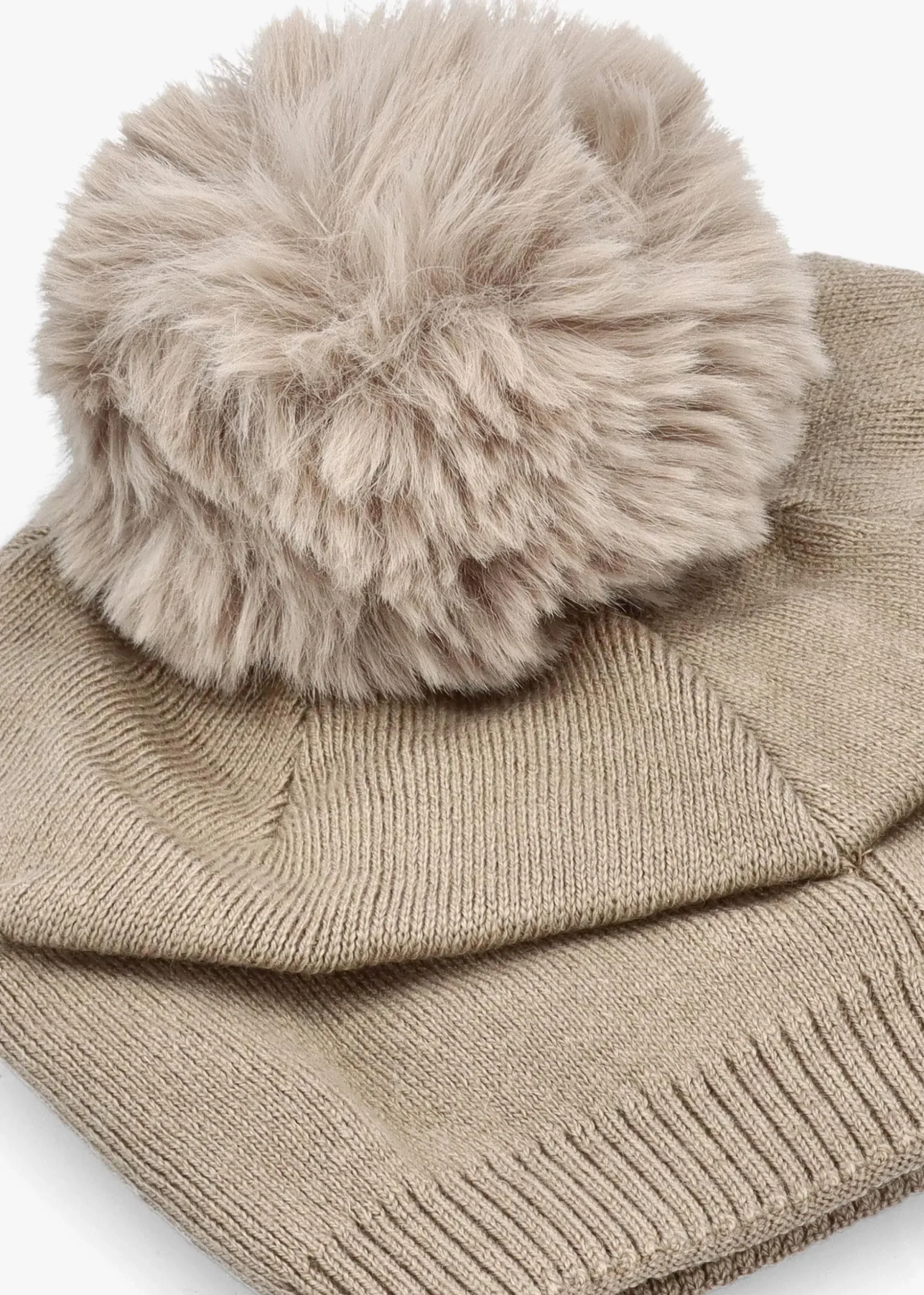 Beige Slouchy Knitted Pom Pom Hat