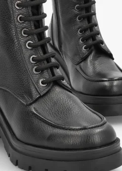 Bella Black Leather Block Heel Ankle Boots