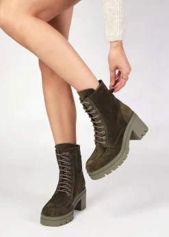 Bella Green Suede Block Heel Ankle Boots