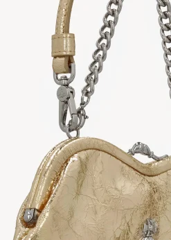 Belle Gold Metallic Crinkle Leather Heart Frame Cross-Body Bag