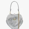 Belle Silver Metallic Crinkle Leather Heart Frame Cross-Body Bag