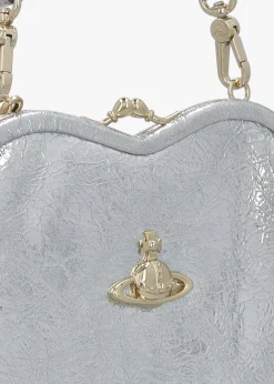 Belle Silver Metallic Crinkle Leather Heart Frame Cross-Body Bag