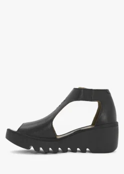 Bezo Black Leather Wedge Sandals