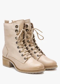 Bezzie Cream Leather Block Heel Ankle Boots