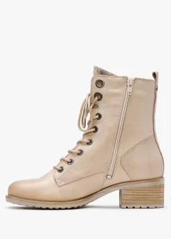 Bezzie Cream Leather Block Heel Ankle Boots
