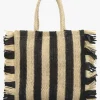 Black & Ecru Woven Straw Fringe Trim Shopper Bag