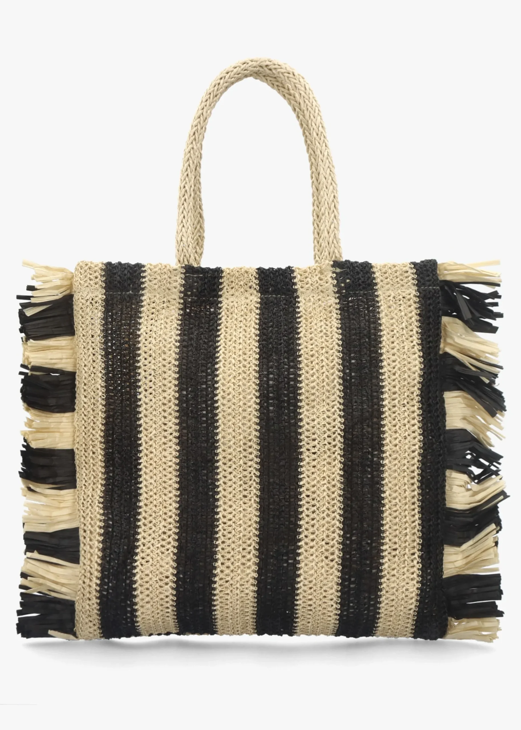 Black & Ecru Woven Straw Fringe Trim Shopper Bag