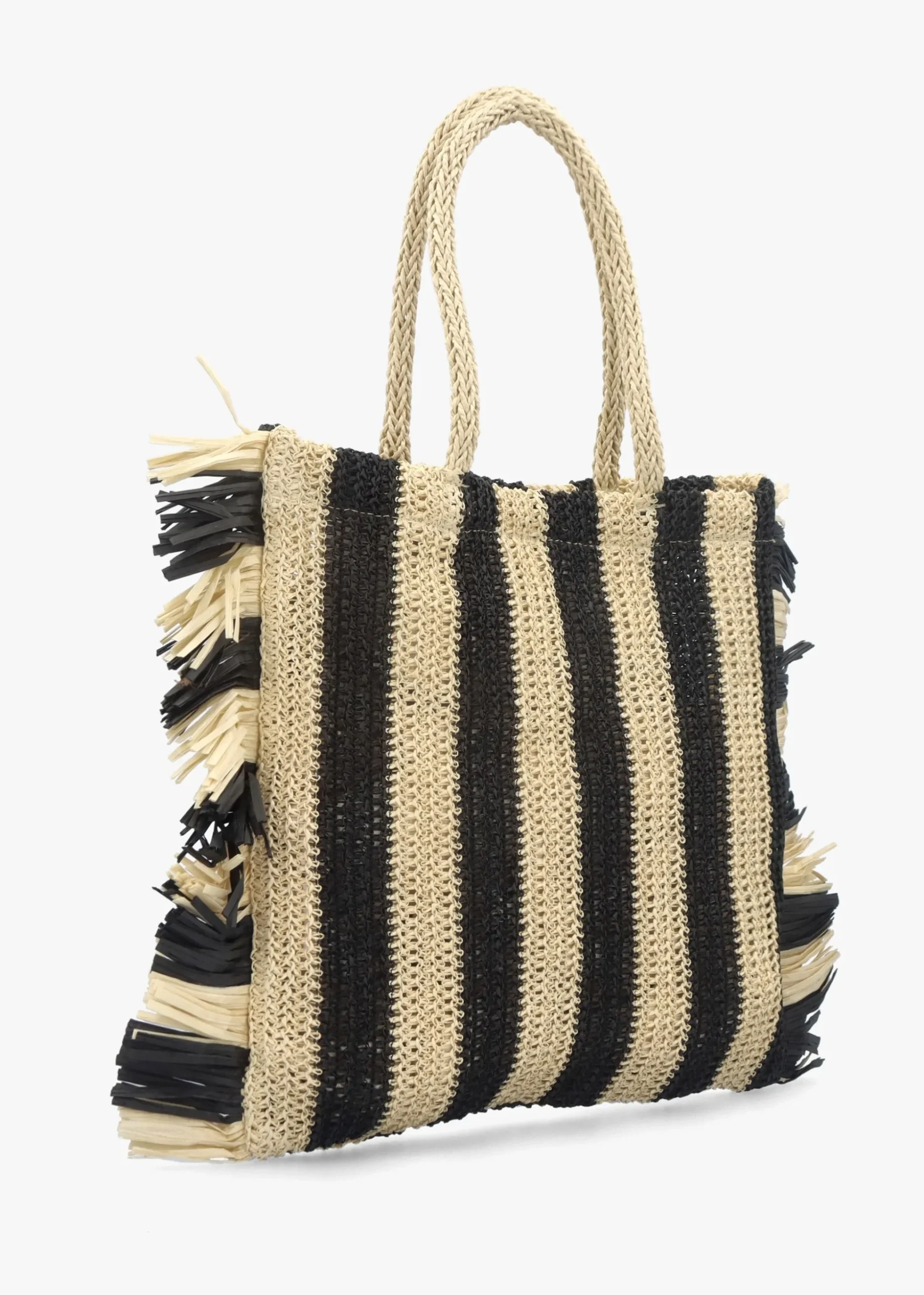Black & Ecru Woven Straw Fringe Trim Shopper Bag