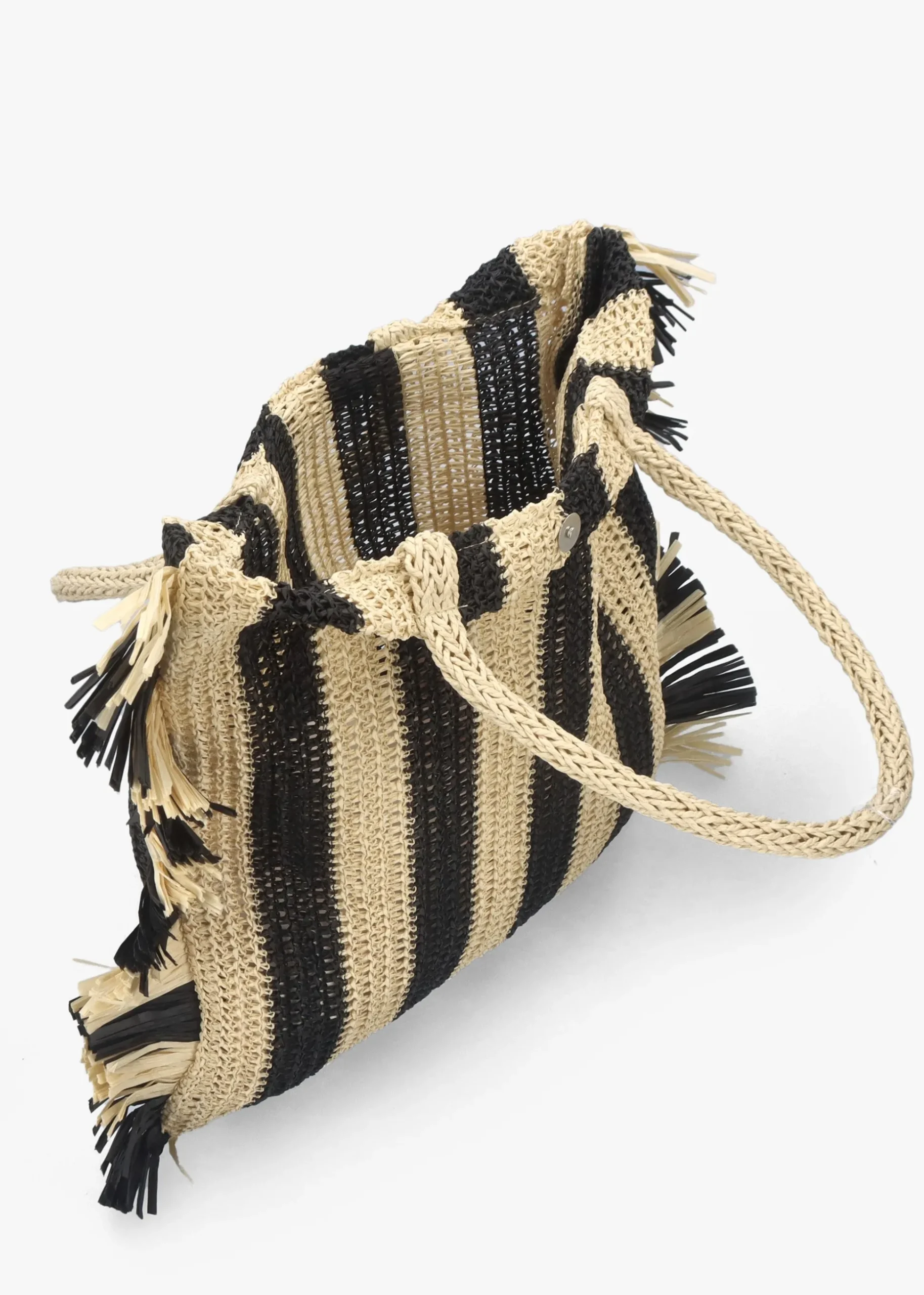 Black & Ecru Woven Straw Fringe Trim Shopper Bag