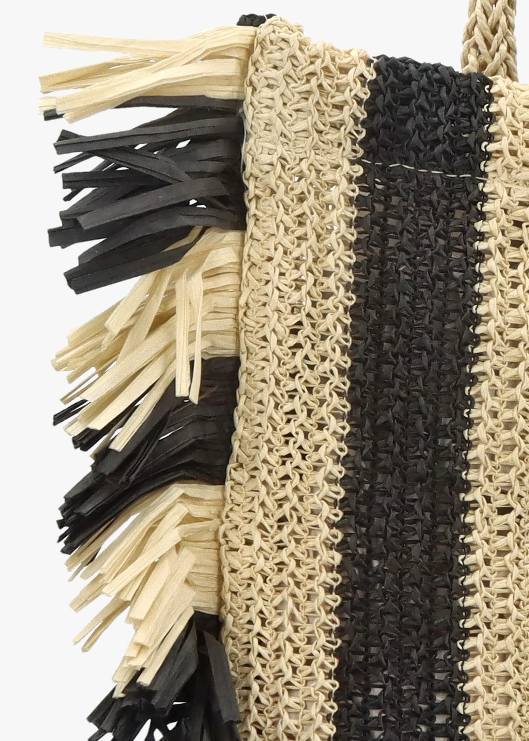 Black & Ecru Woven Straw Fringe Trim Shopper Bag