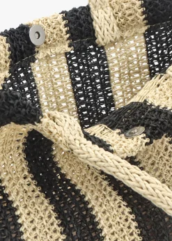 Black & Ecru Woven Straw Fringe Trim Shopper Bag