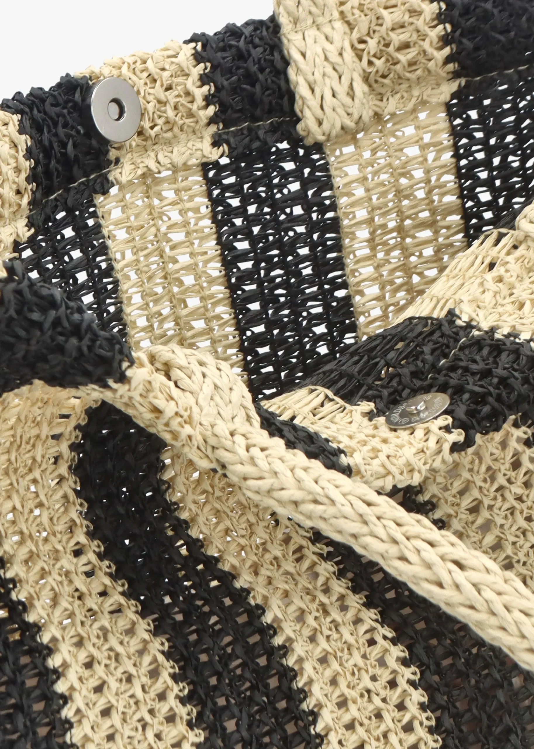 Black & Ecru Woven Straw Fringe Trim Shopper Bag