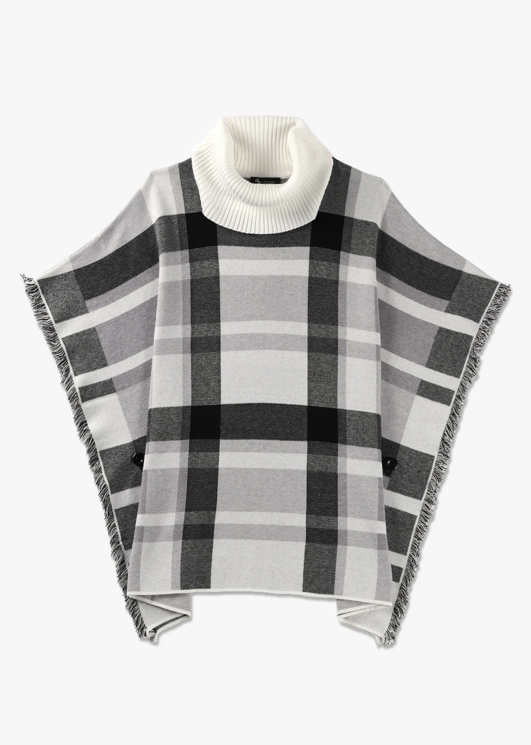 Black & White Knitted Checked Fringe Poncho