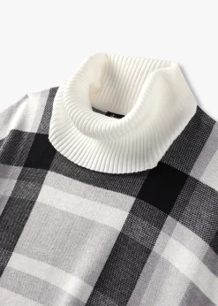 Black & White Knitted Checked Fringe Poncho