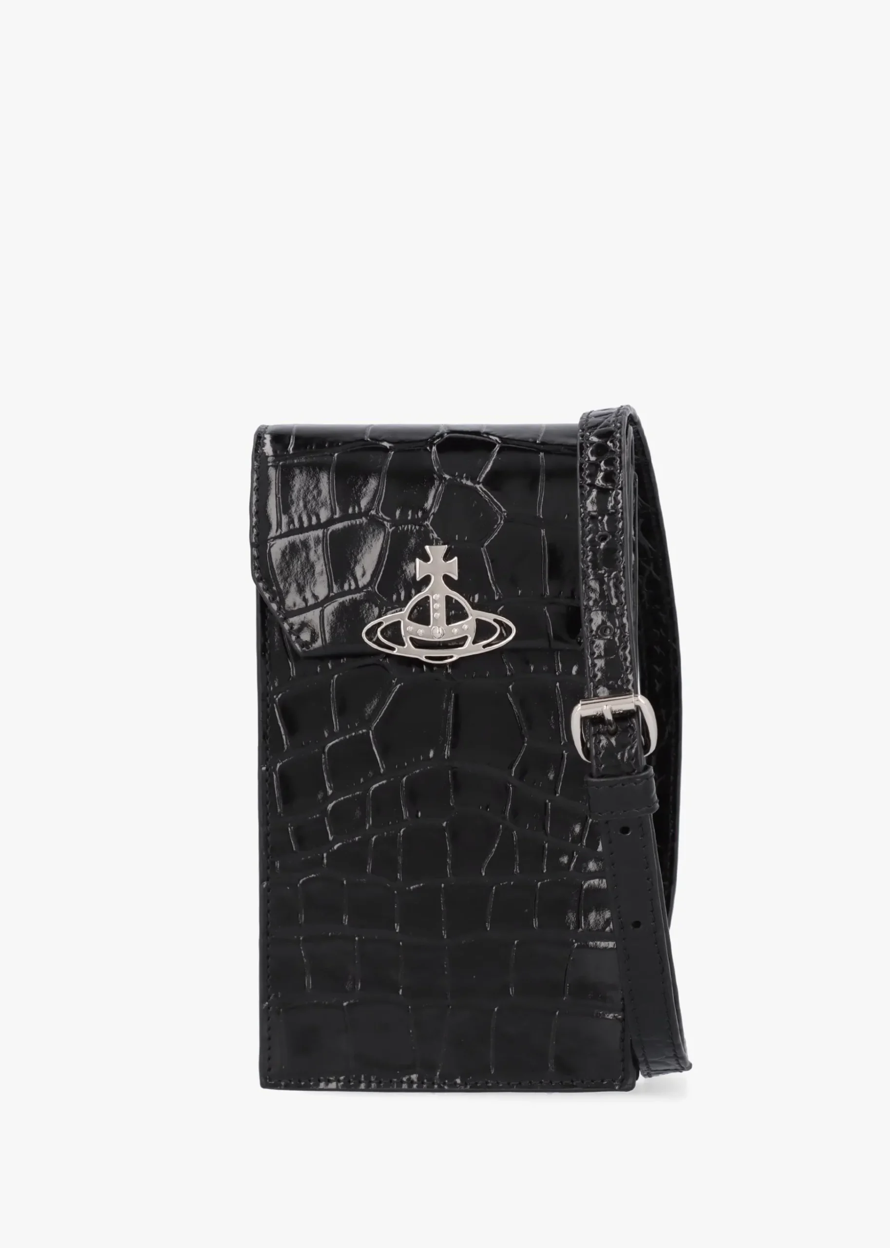 Black Embossed Croc Leather Phone Bag