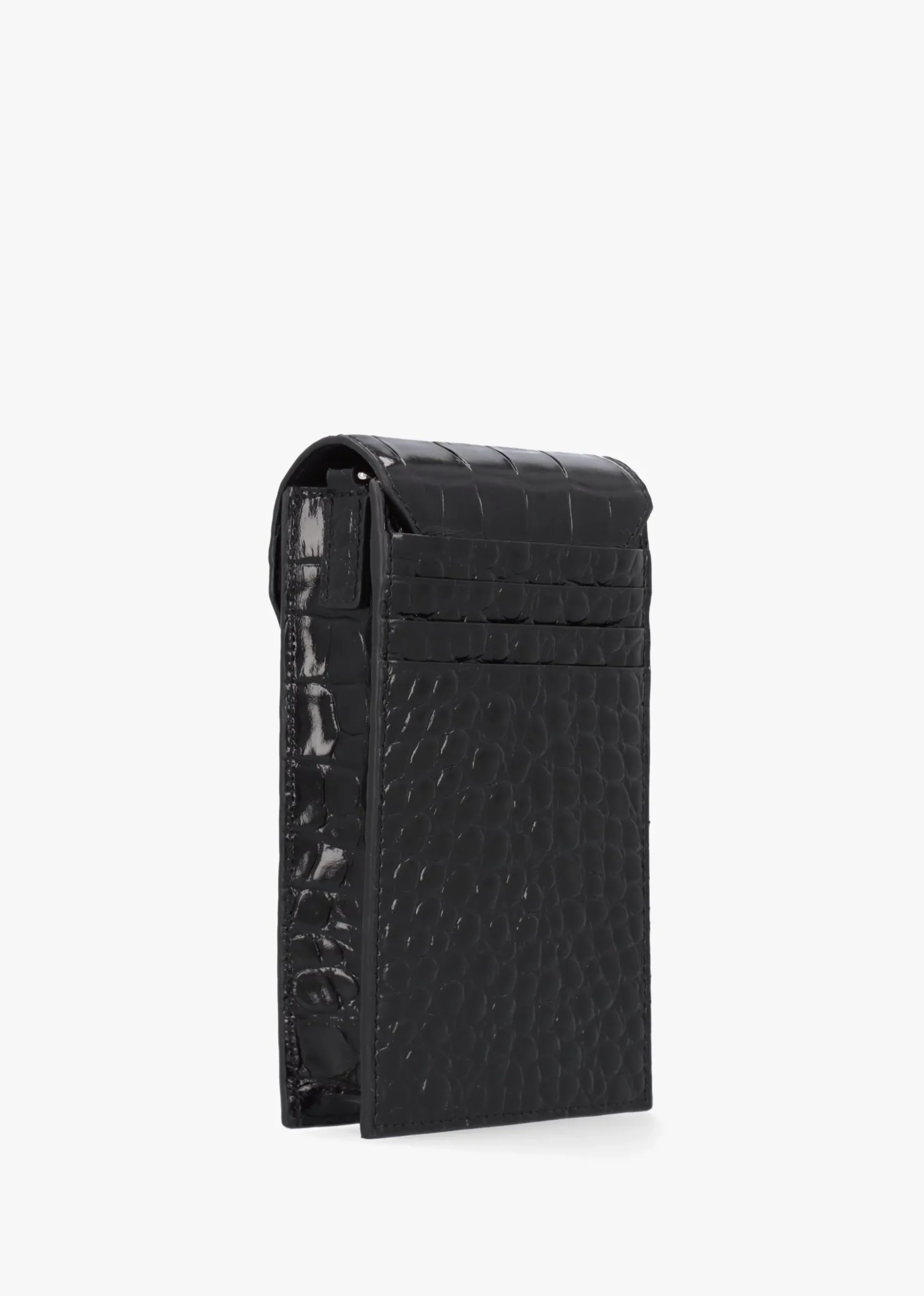 Black Embossed Croc Leather Phone Bag