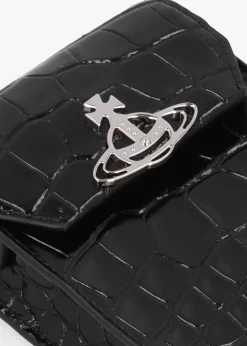 Black Embossed Croc Leather Phone Bag