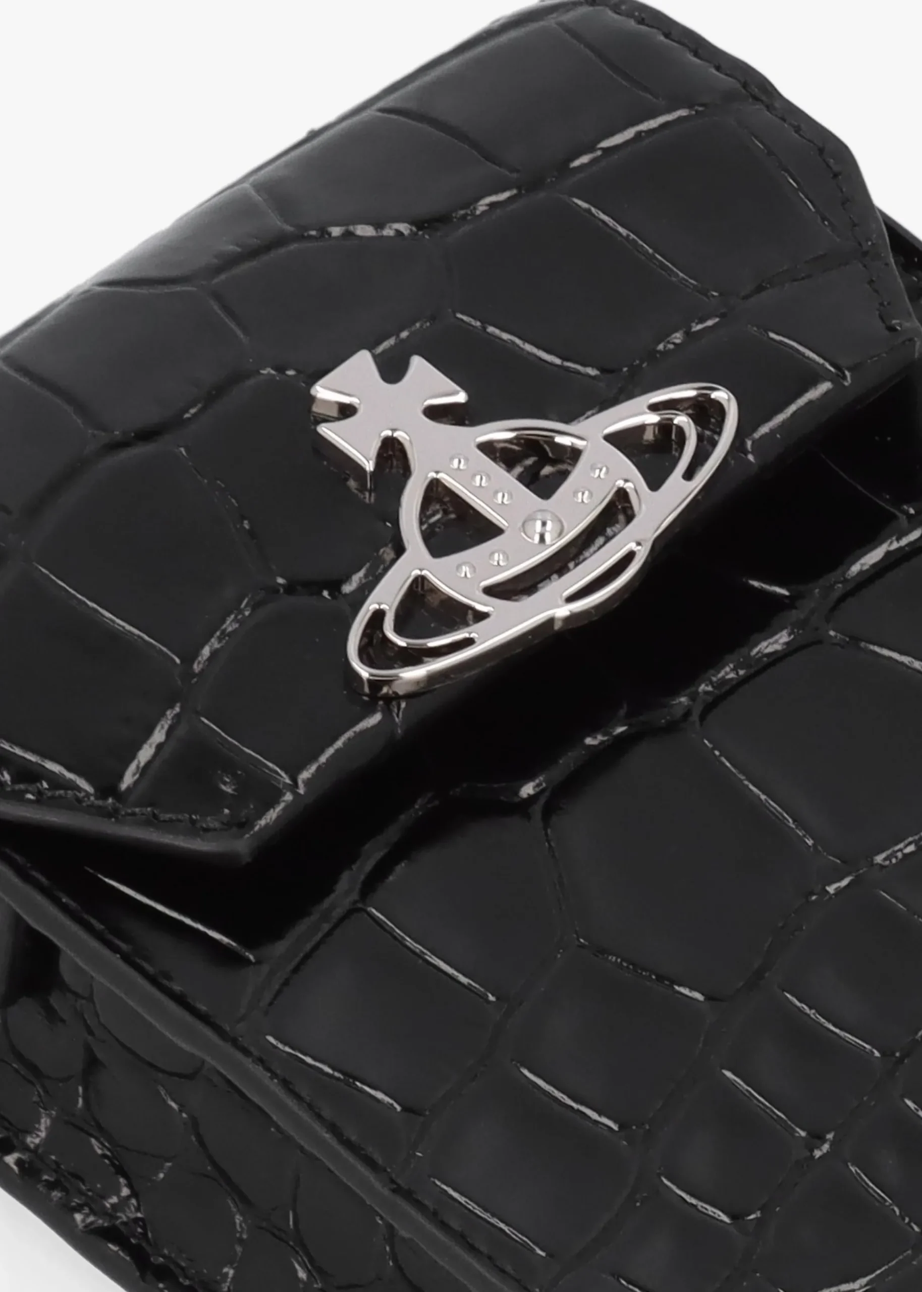 Black Embossed Croc Leather Phone Bag